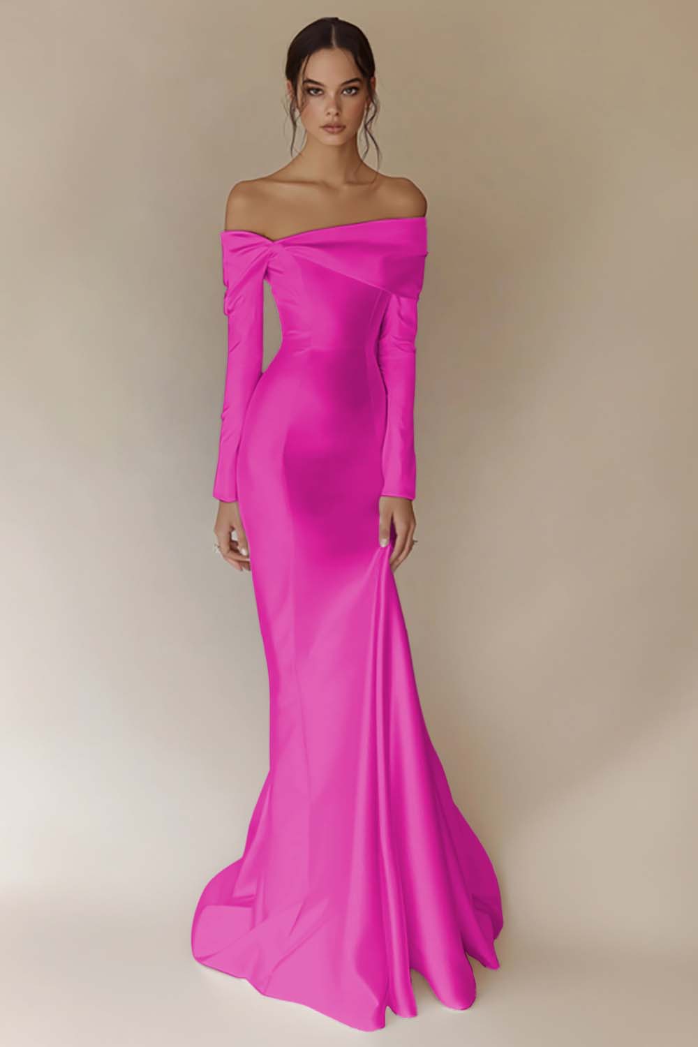 White Satin Off the Shoulder Long Sleeves Rehearsal Dinner Dress