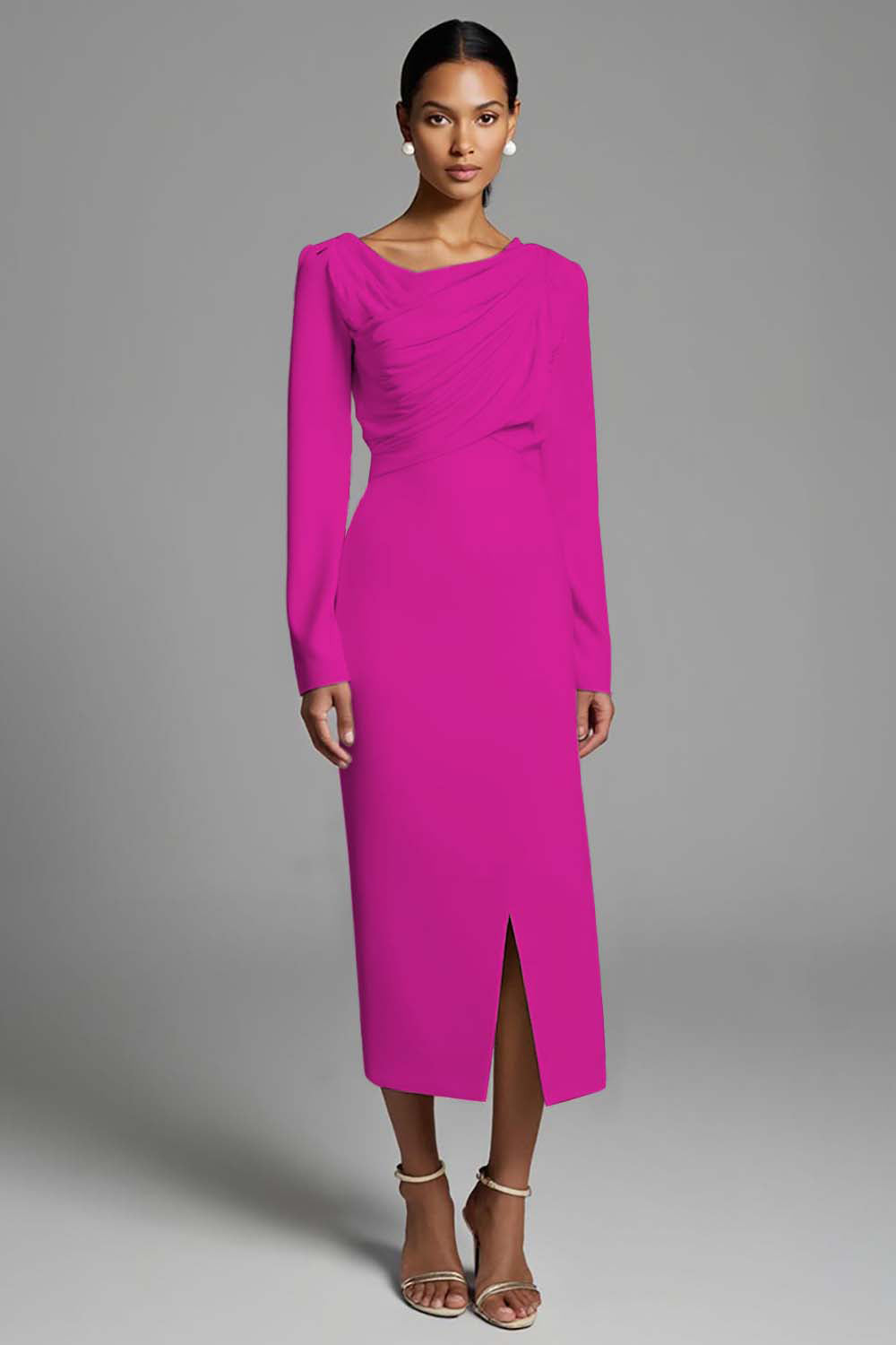 Ivory Ruched Pencil Long Sleeves Work Dress with Slit