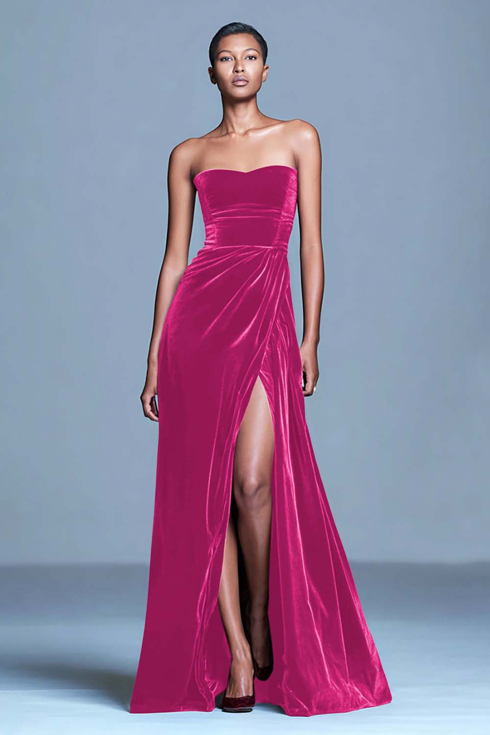 Zapakasa Women Burgundy Velvet Long Holiday Party Dress with Slit Strapless Sheath Formal Dress Zapakasa Women Burgundy Velvet Long Holiday Party Dress with Slit Strapless Sheath Formal Dress