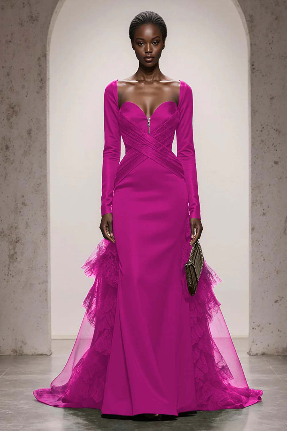 Dark Green Satin Mermaid Sweetheart Long Sleeves Formal Dress with Ruffles