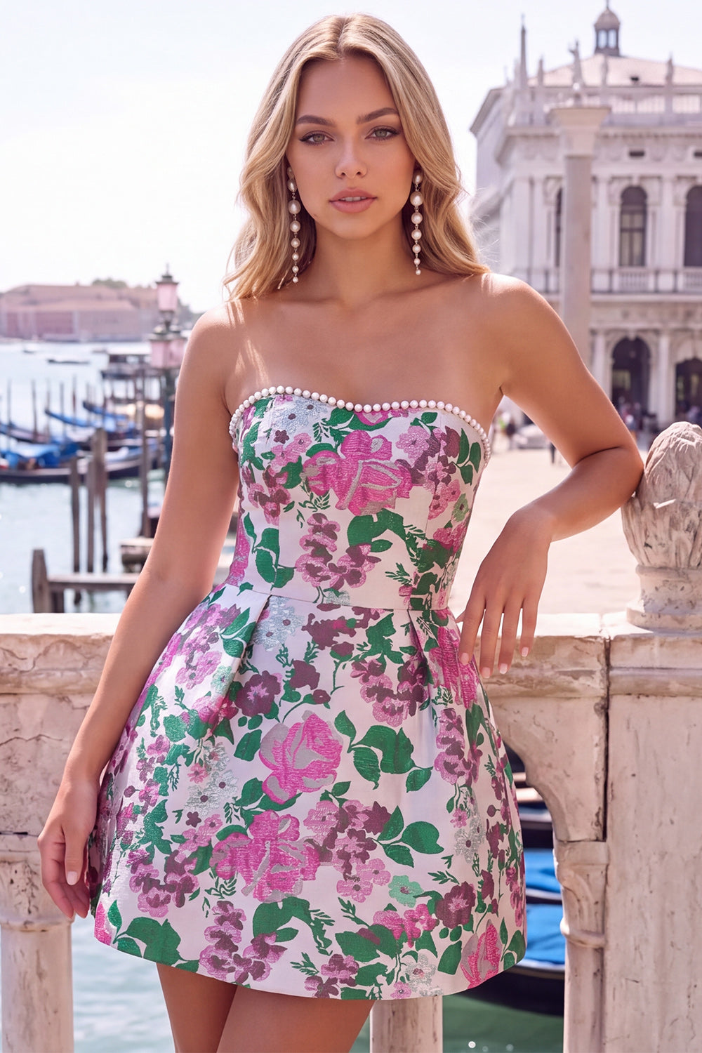 Yellow Flower Jacquard A-Line Short Homecoming Dress with Bow