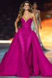 Sparkly Dark Red Strapless Sequin Long Pageant Dress with Cape