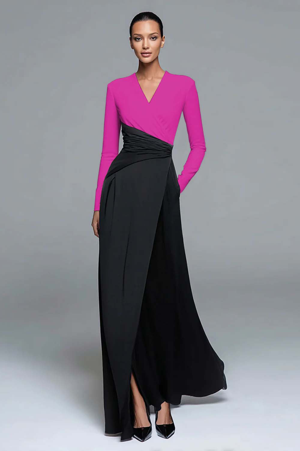 Zapakasa Women Black and White Patchwork Long Formal Dress with Pockets V-Neck Satin Sheath Evening Dress with Slit Zapakasa Women Black and White Patchwork Long Formal Dress with Pockets V-Neck Satin Sheath Evening Dress with Slit