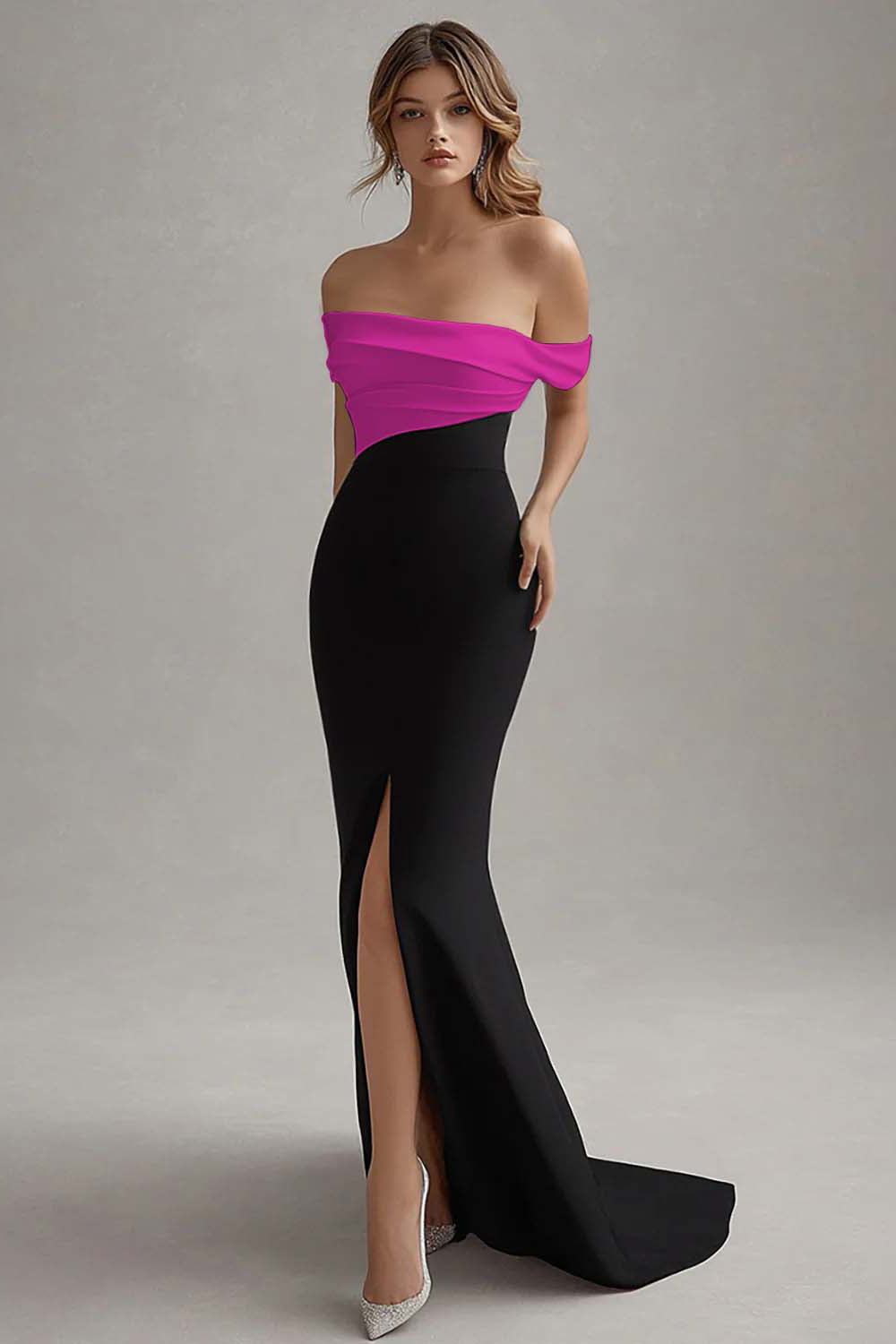 Black White Long Off the Shoulder Sheath Black Tie Dress with Slit