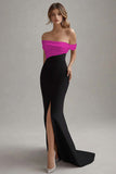 Black White Long Off the Shoulder Sheath Black Tie Dress with Slit