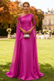 Dark Green One Shoulder Chiffon Long Wedding Guest Dress with Cape