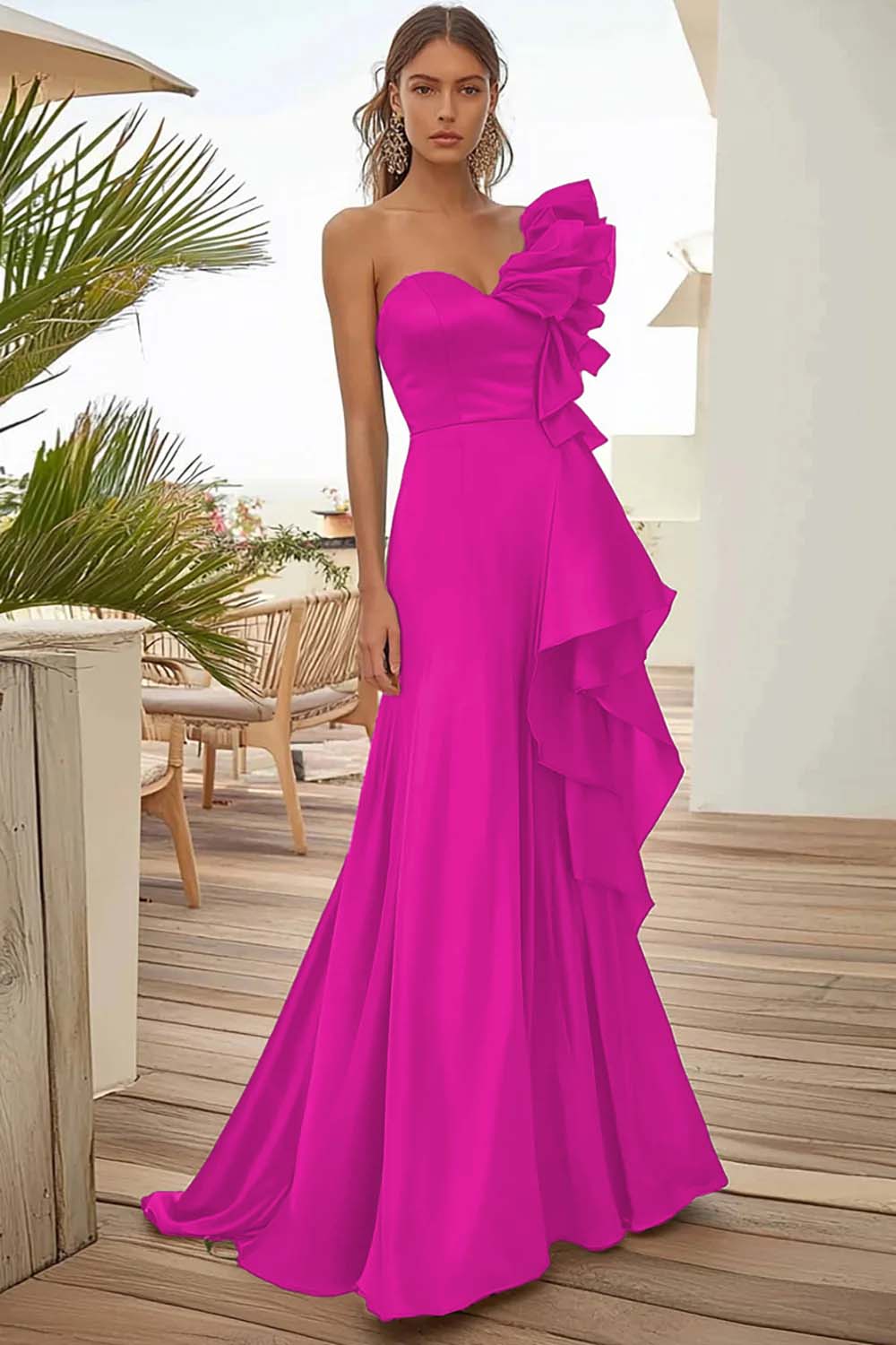 Black Satin One Shoulder A Line Long Formal Dress with Ruffles