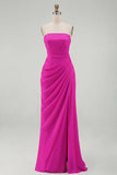 Light Pink Sheath Ruched Long Prom Dress with Slit