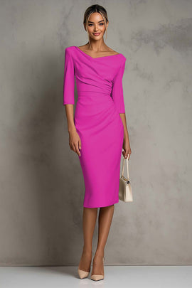 Simple Ivory Pencil Ruched Midi Work Dress with Slit