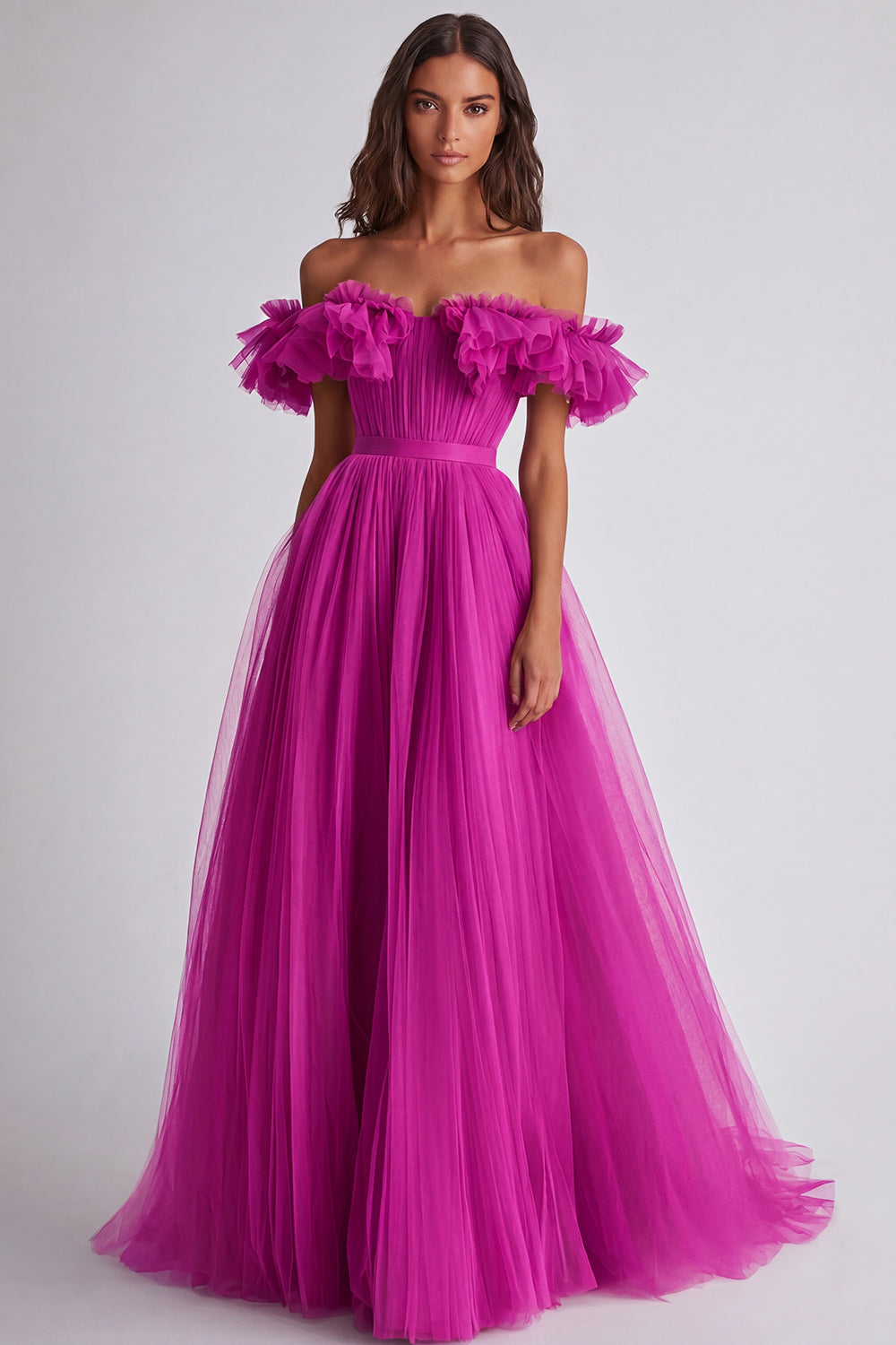 A Line Dusty Sage Off the Shoulder Long Wedding Guest Dress with Ruffles