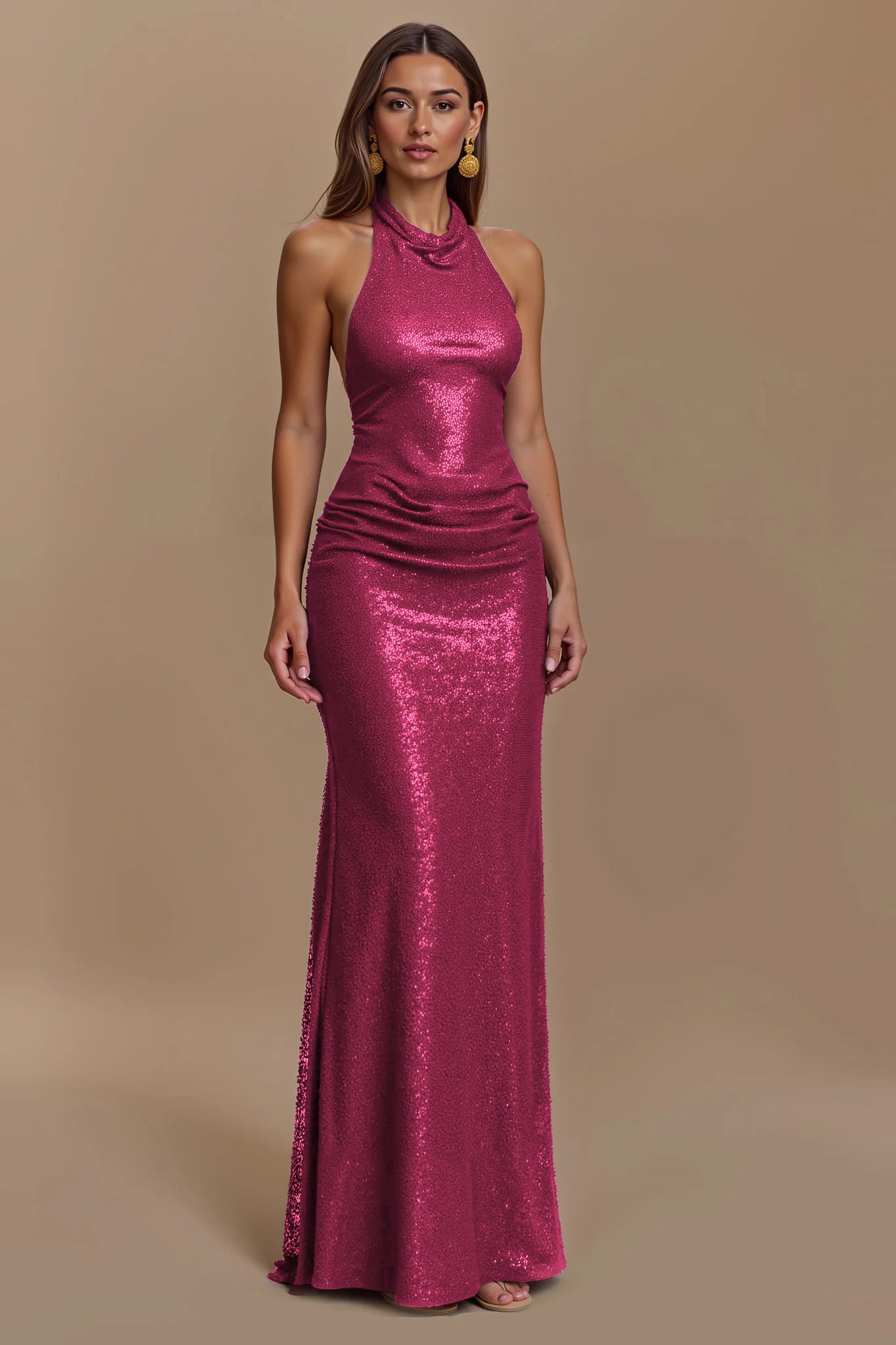 Glitter Burgundy Sheath Backless Halter Long Holiday Party Dress