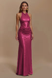 Glitter Burgundy Sheath Backless Halter Long Holiday Party Dress