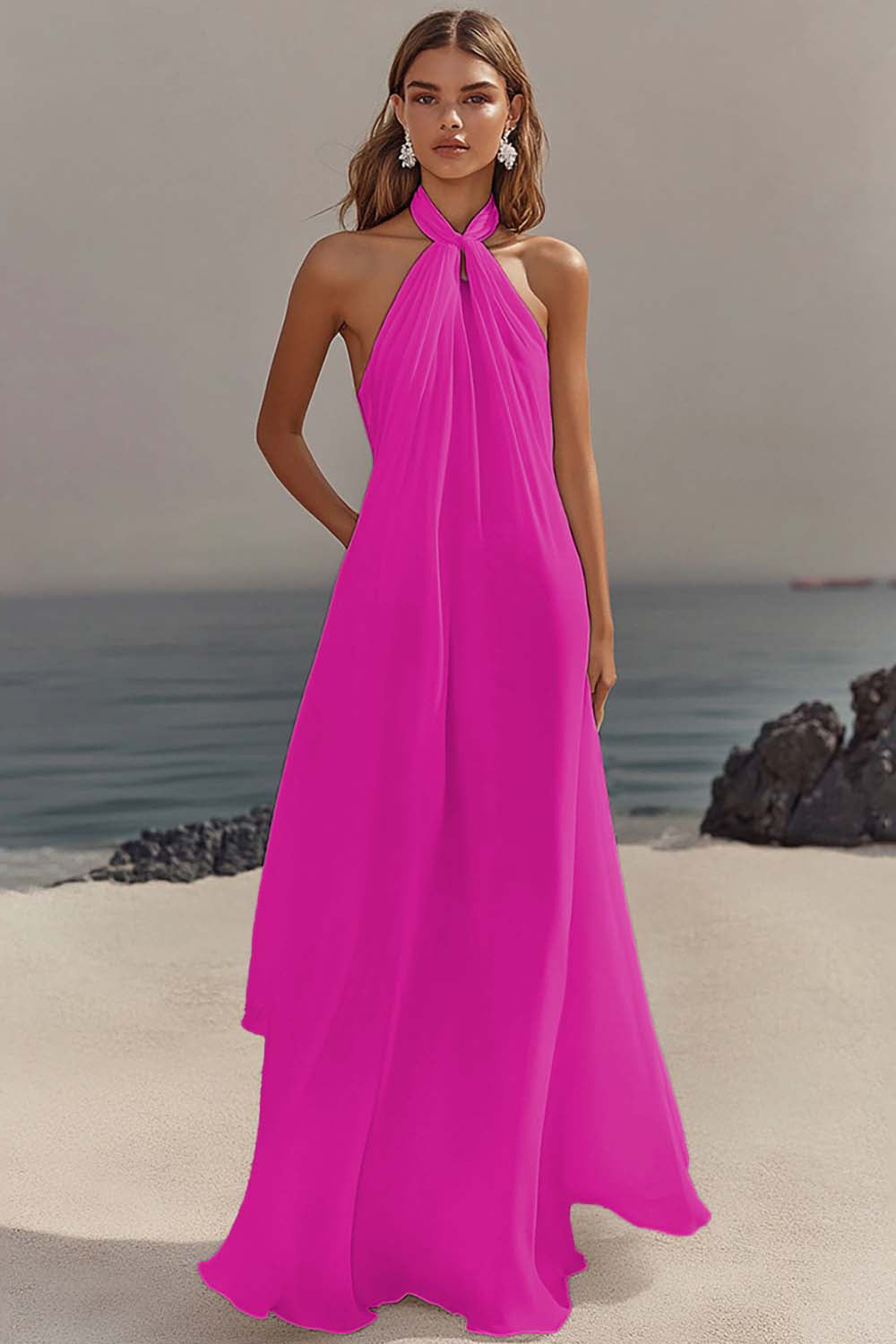 Dark Green Chiffon A Line Halter Long Formal Dress