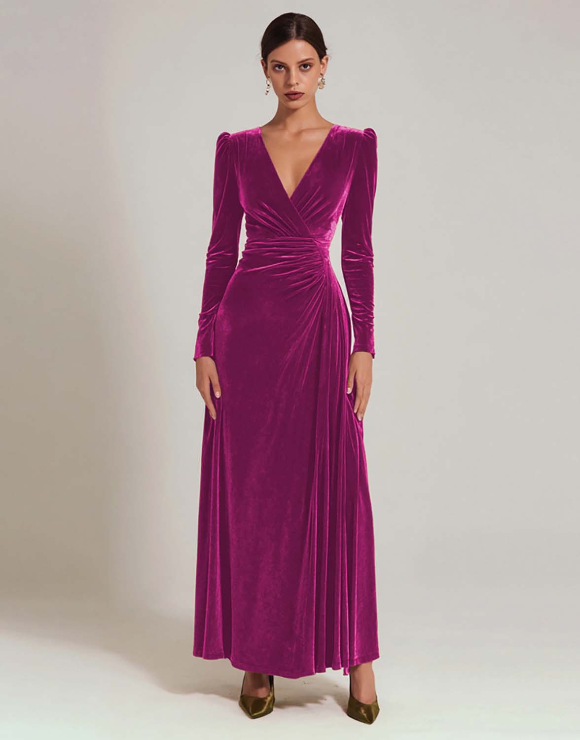Zapakasa Women Olive Velvet Long Holiday Party Dress with Sleeves A Line V-Neck Evening Dress Zapakasa Women Olive Velvet Long Holiday Party Dress with Sleeves A Line V-Neck Evening Dress