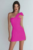 Ivory One Shoulder Satin Ruched Short Tight Graduation Dress with Bow