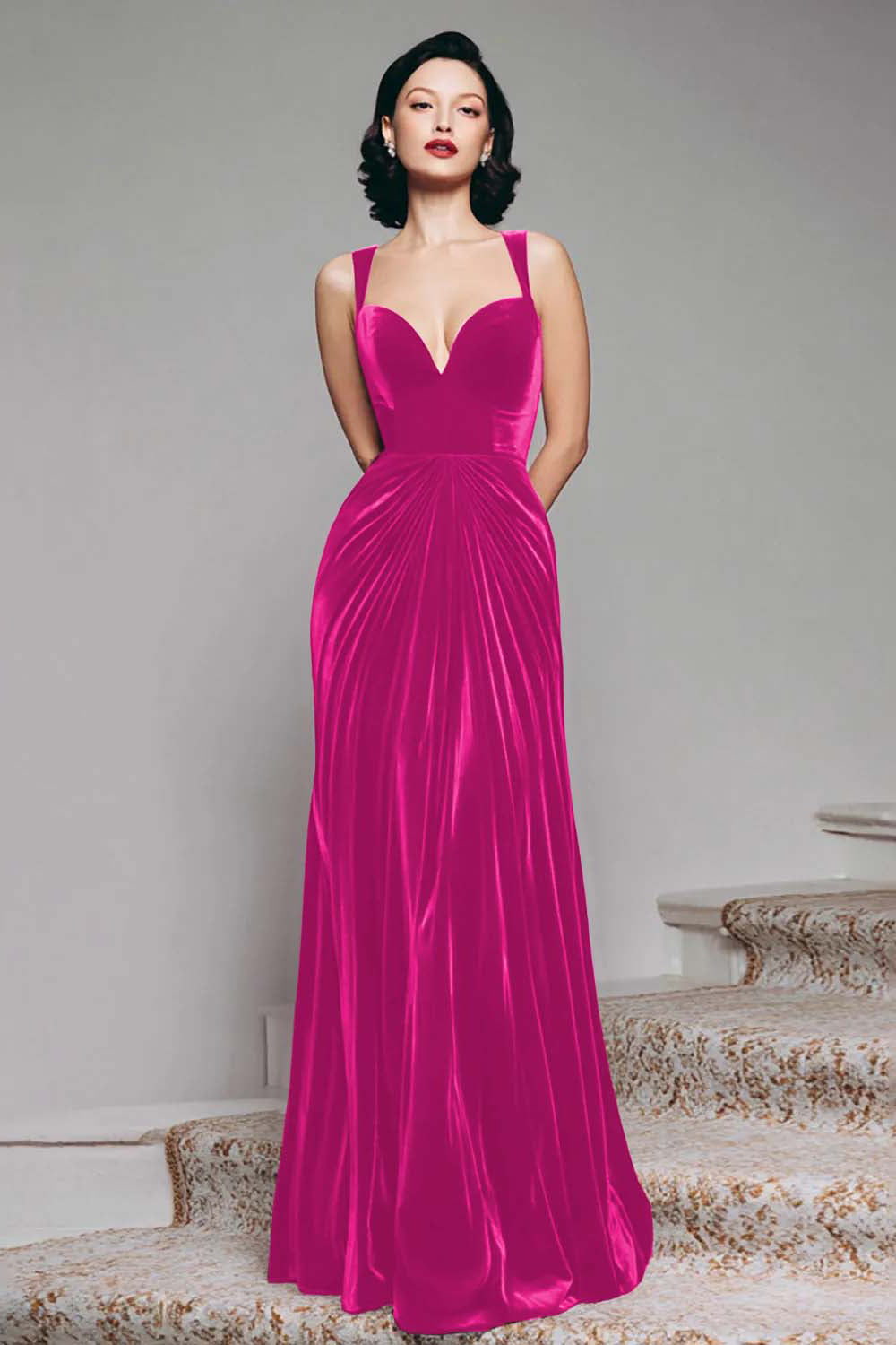 Burgundy Velvet Mermaid Thick Straps Ruched Long Holiday Party Dress