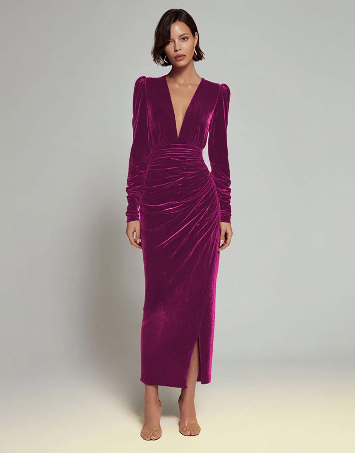 Olive Sheath Velvet Deep V-Neck Long Holiday Party Dress with Sleeves