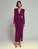 Olive Sheath Velvet Deep V-Neck Long Holiday Party Dress with Sleeves