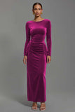 Navy Velvet Boat Neck Sheath Long Holiday Party Dress with Sleeves