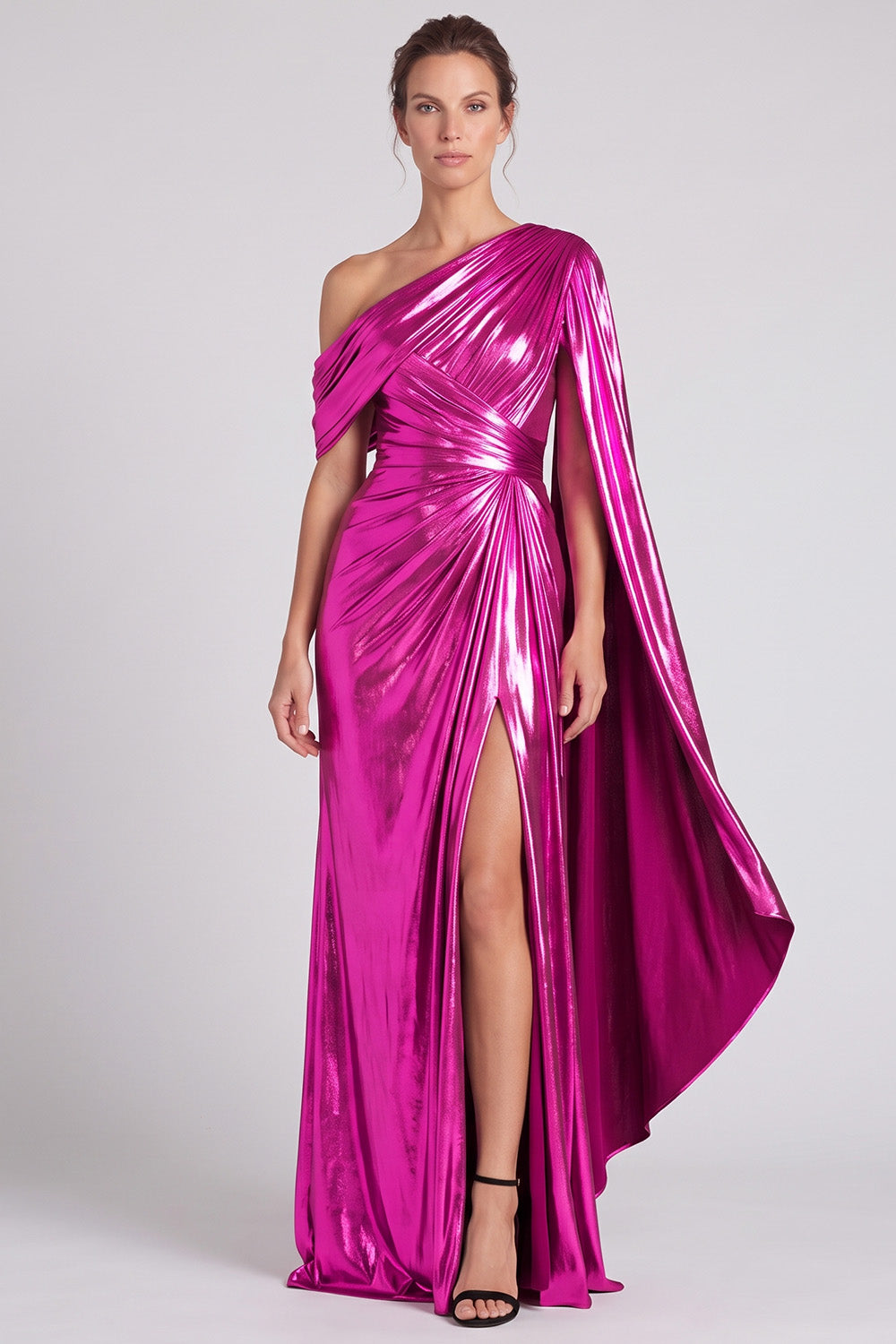 Gold Metallic One Shoulder Sheath Ruched Long Formal Dress with Slit