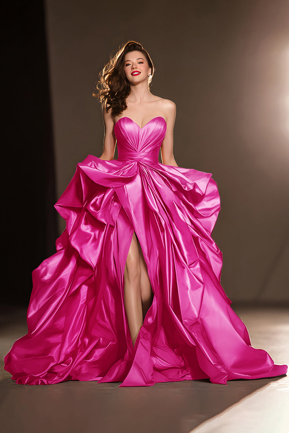 Dark Red Sweetheart Ruffled Ball Gown Long Masquerade Ball Dress with Slit