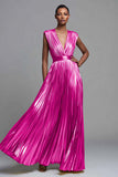 Sparkly Gold Deep V-Neck Metallic Pleated A-Line Long Formal Dress