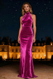 Purple Mermaid Halter Neck Long Velvet Holiday Party Dress