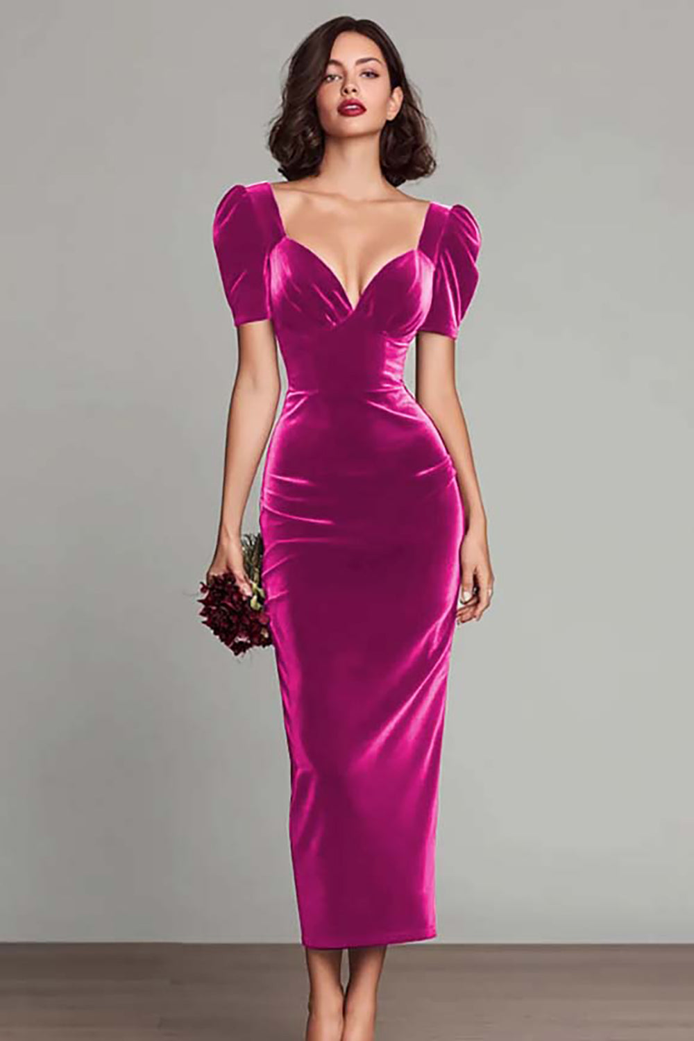 Simple Burgundy Velvet Sheath Long Holiday Party Dress with Sleeves
