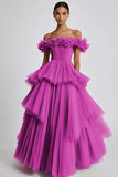 Dusty Sage Tulle Off the Shoulder Long Formal Dress with Ruffles