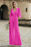 Ivory V-Neck Half Sleeves Long Wedding Jumpsuits with Pockets