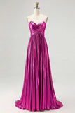 Chic Gold A Line Metallic Spaghetti Straps Pleated Long Prom Dress