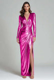 Sparkly Gold Metallic V-Neck Ruched Long Formal Dress with Slit