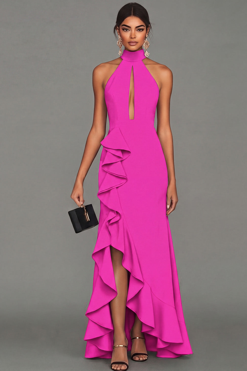 Long Black High Neck Formal Dress with Ruffles