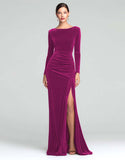 Burgundy Boat Neck Velvet Ruched Long Sleeves Holiday Party Dress
