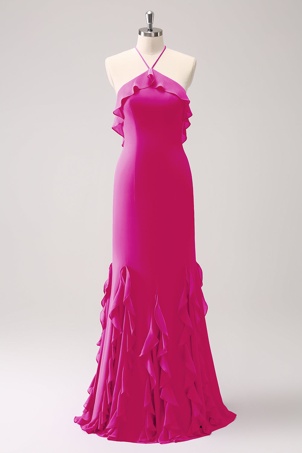 Dusty Sage Mermaid Halter Ruffle Chiffon Long Bridesmaid Dress