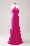 Dusty Sage Mermaid Halter Ruffle Chiffon Long Bridesmaid Dress