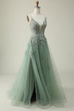 Green Spaghetti Straps Appliques Tulle Long Prom Dress with Slit