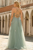 Green Spaghetti Straps Appliques Tulle Prom Dress