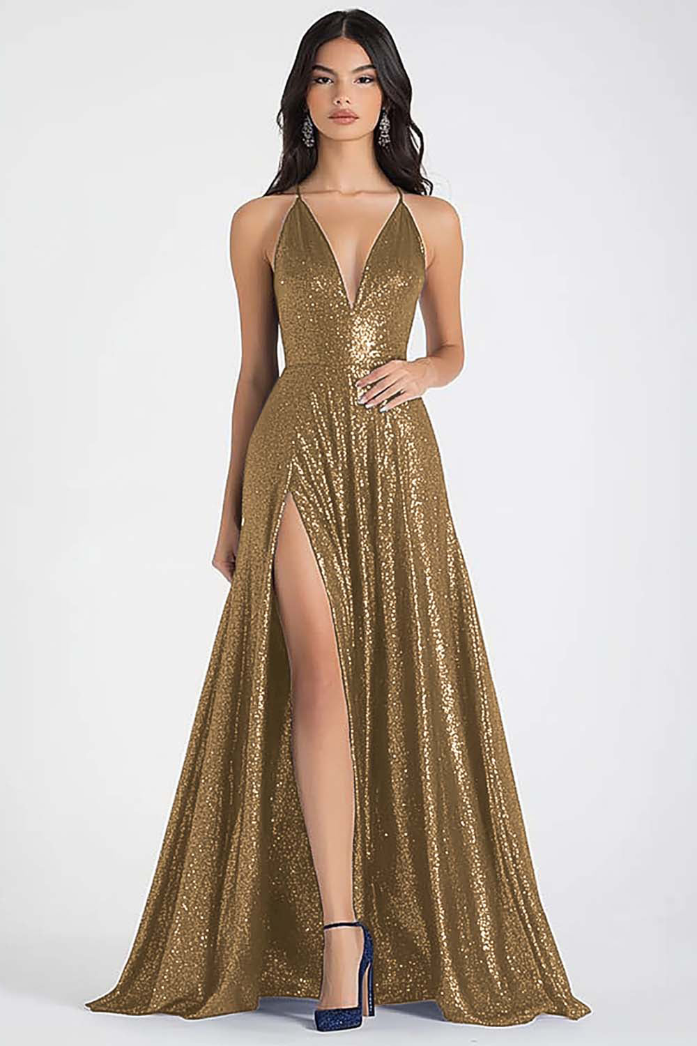 Sparkly Navy A Line Sequins Ruched Long Prom Dress with Slit