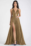Sparkly Navy A Line Sequins Ruched Long Prom Dress with Slit