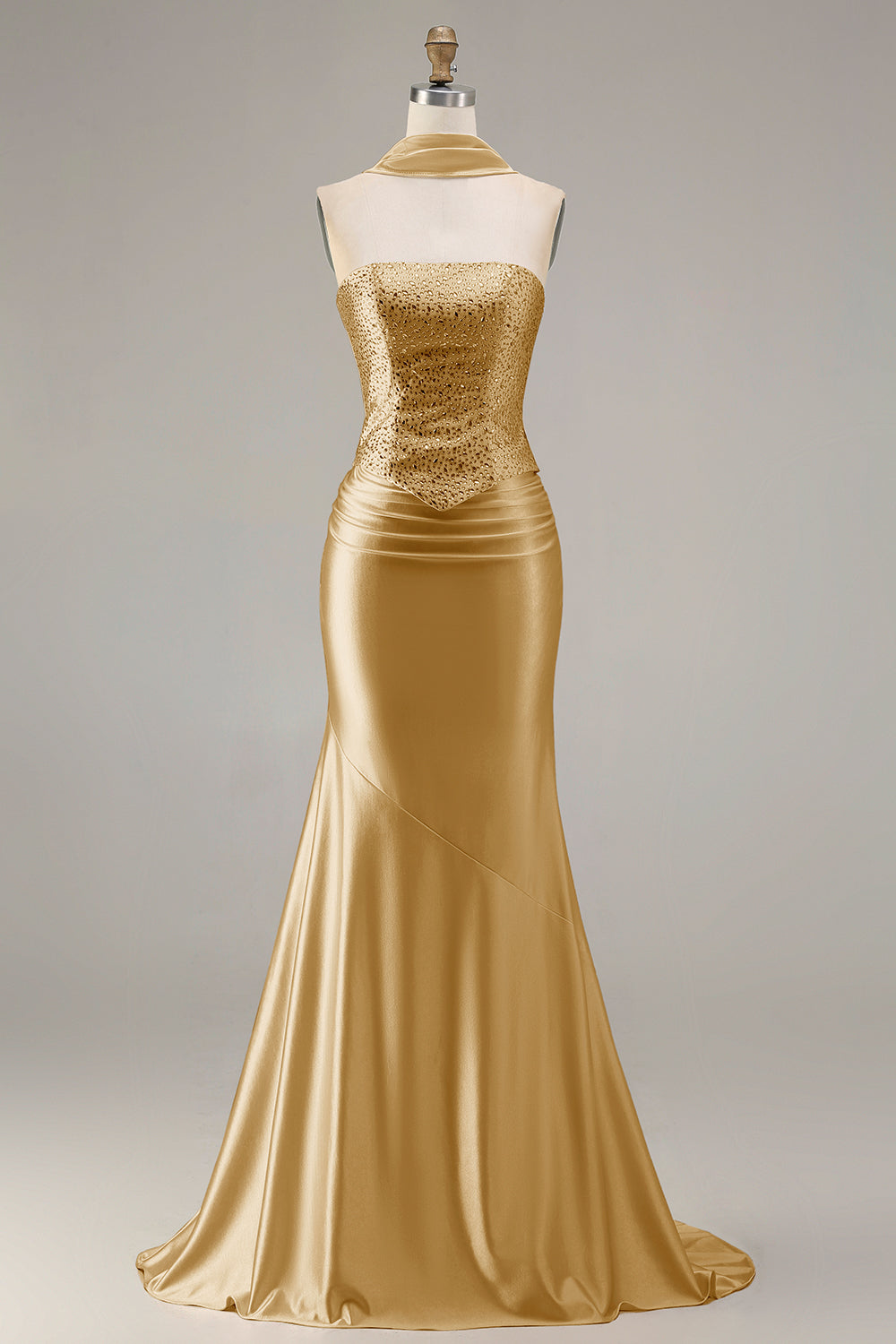 Zapaka Women Champagne Beaded Long Prom Dress Strapless Mermaid Convertible Formal Party Dress with Streamer, Champagne / UK16