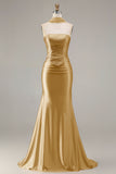 Sparkly Champagne Mermaid Neck Scarf Long Prom Dress with Beading