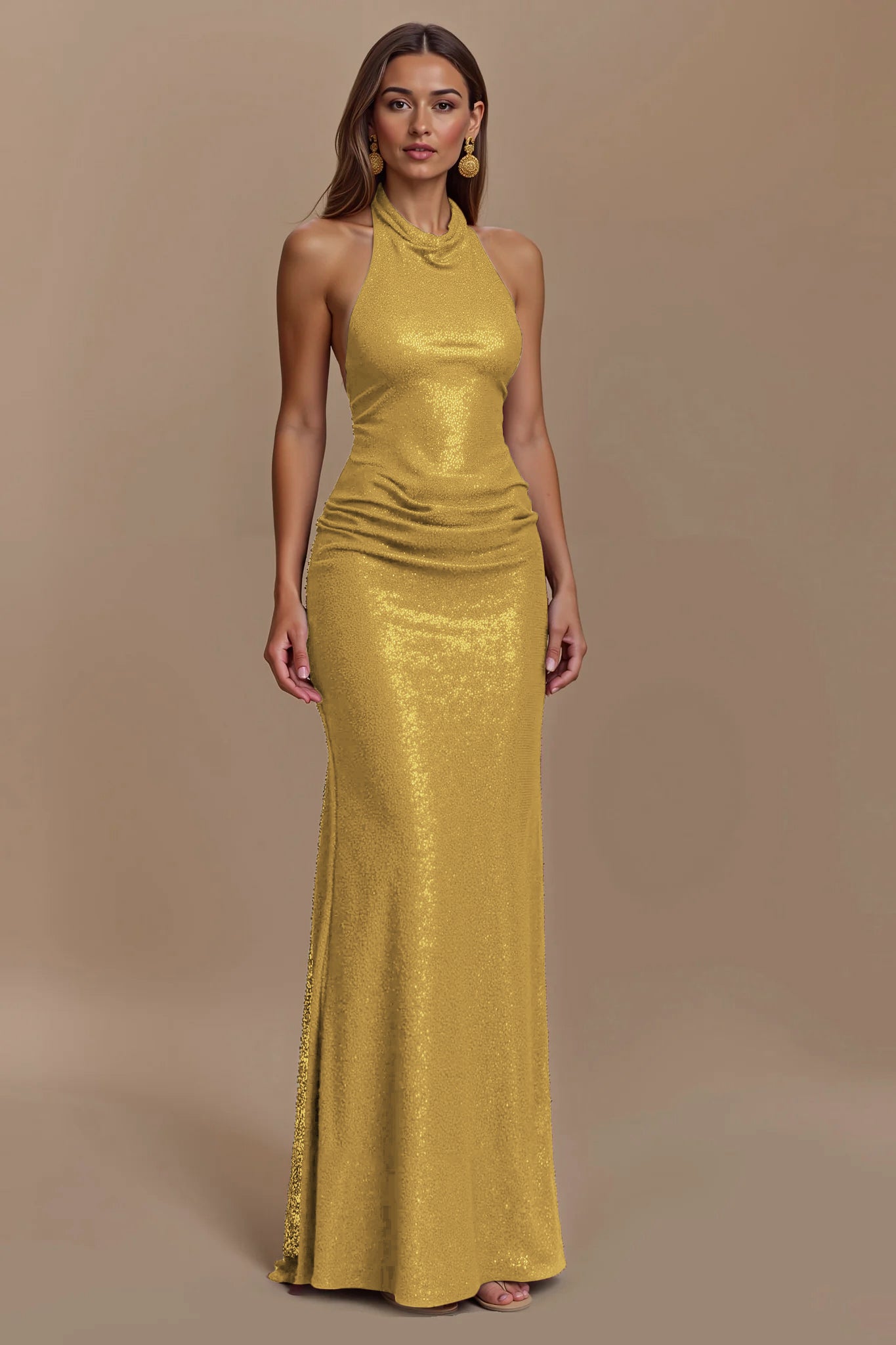 Glitter Burgundy Sheath Backless Halter Long Holiday Party Dress