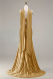 Sparkly Champagne Mermaid Neck Scarf Long Prom Dress with Beading