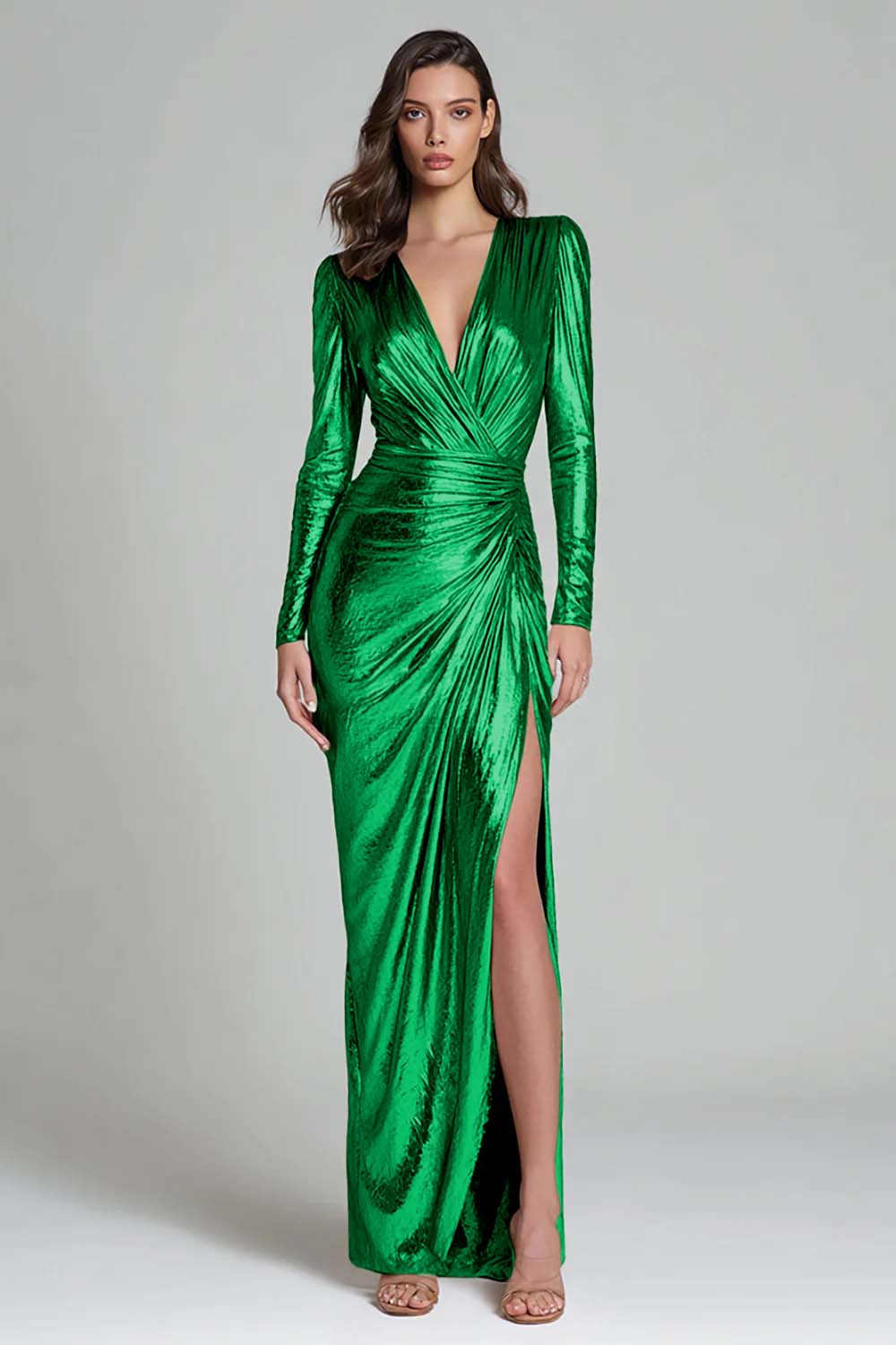 Sparkly Gold Metallic V-Neck Ruched Long Formal Dress with Slit