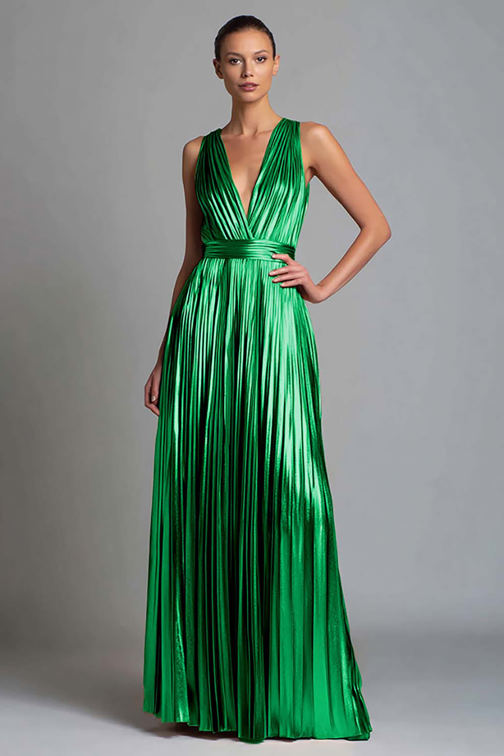 Sparkly Gold A-Line Metallic Pleated V-Neck Long Formal Dress