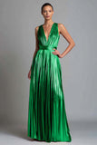 Sparkly Gold A-Line Metallic Pleated V-Neck Long Formal Dress