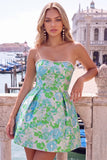 Yellow Flower Jacquard A-Line Short Homecoming Dress with Bow
