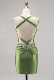 Sparkly Dark Green Corset Tight Satin Short Homecoming Dress with Beading