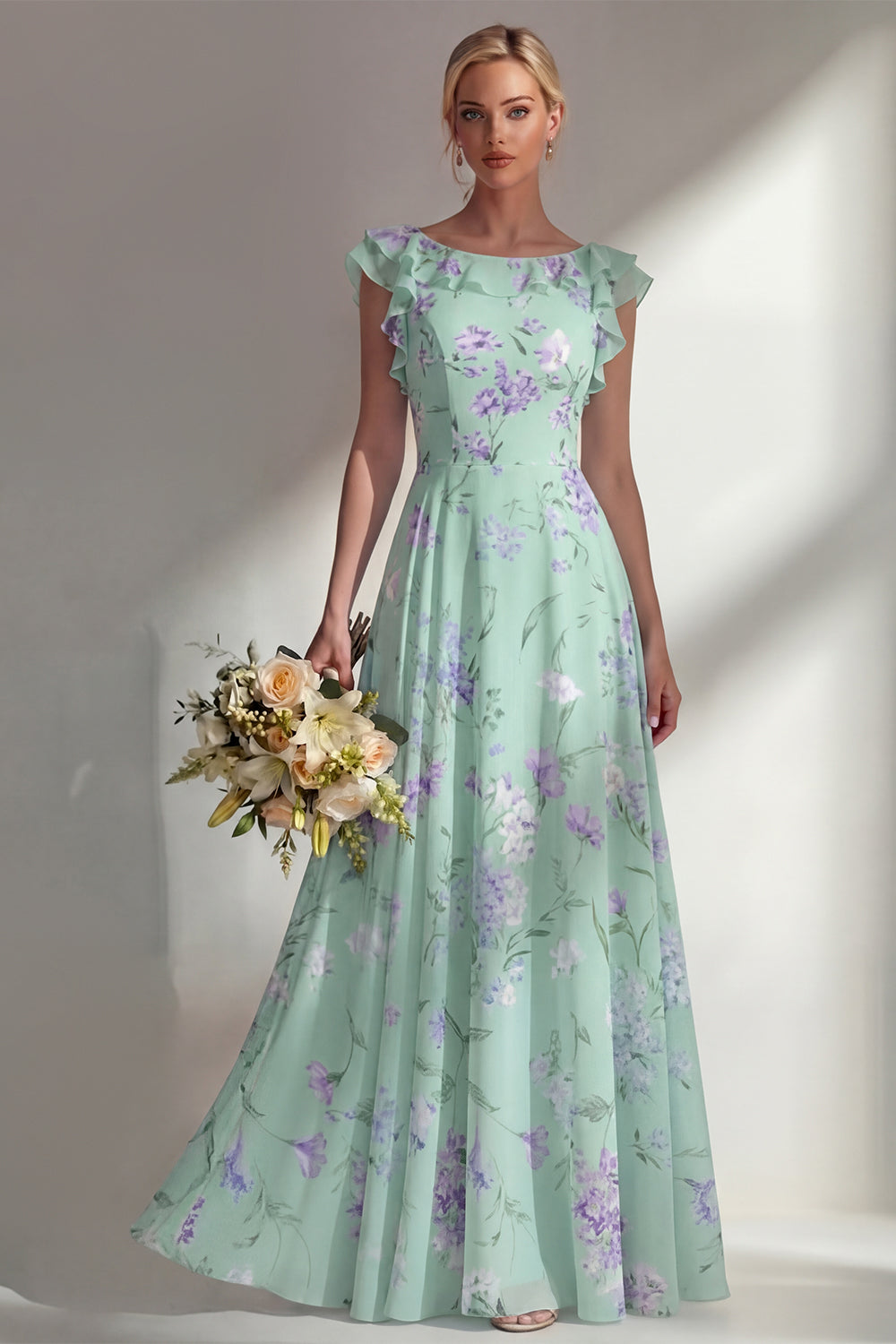 Boat Neck Blue Floral A Line Long Beach Bridesmaid Dress with Ruffles